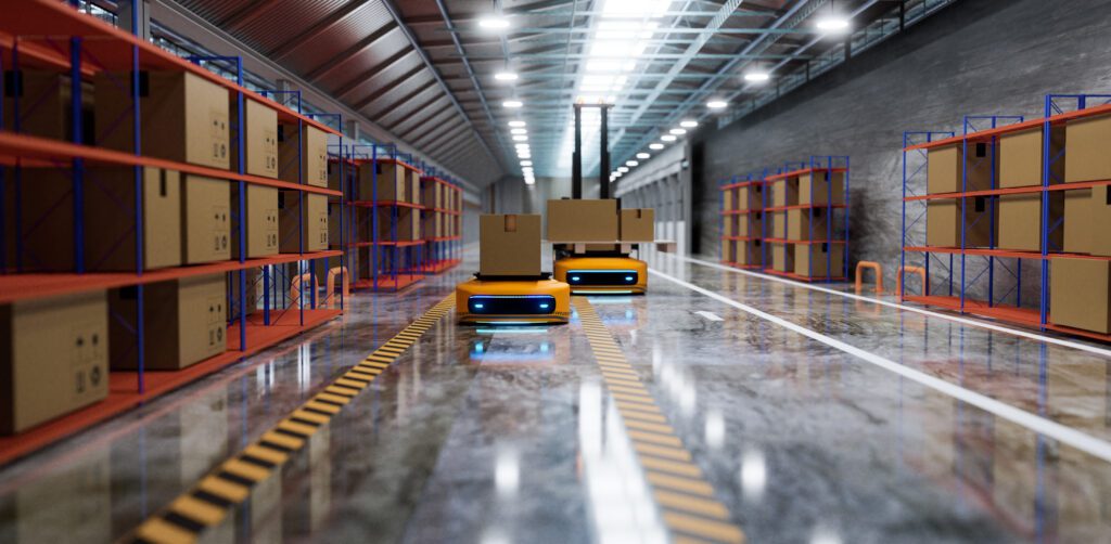 Banner depicts AGV transferring machine working in warehouse and logistics shopping business concept, 3D illustrations rendering