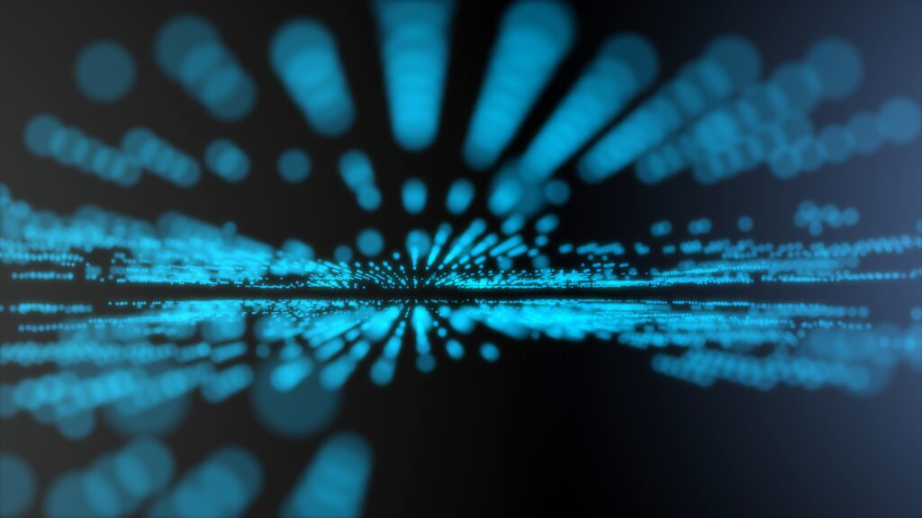 Banner depicts blue futuristic stream Data Communication flying into digital technologic animation 3D rendering