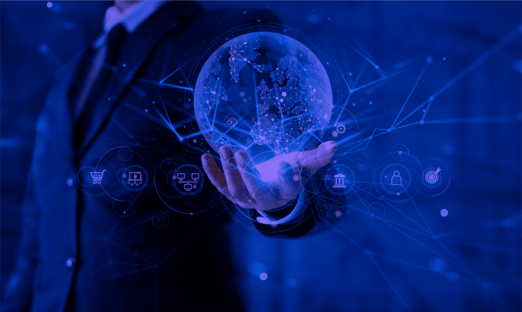 Banner depicts a man holding a technology globe