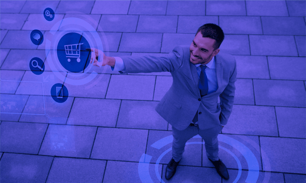 Banner depicts a man pointing out at multiple e-commerce elements