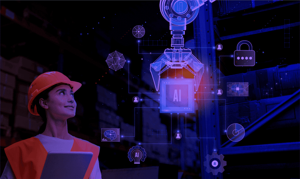 Image depicts a worker looking at a digitalized icon