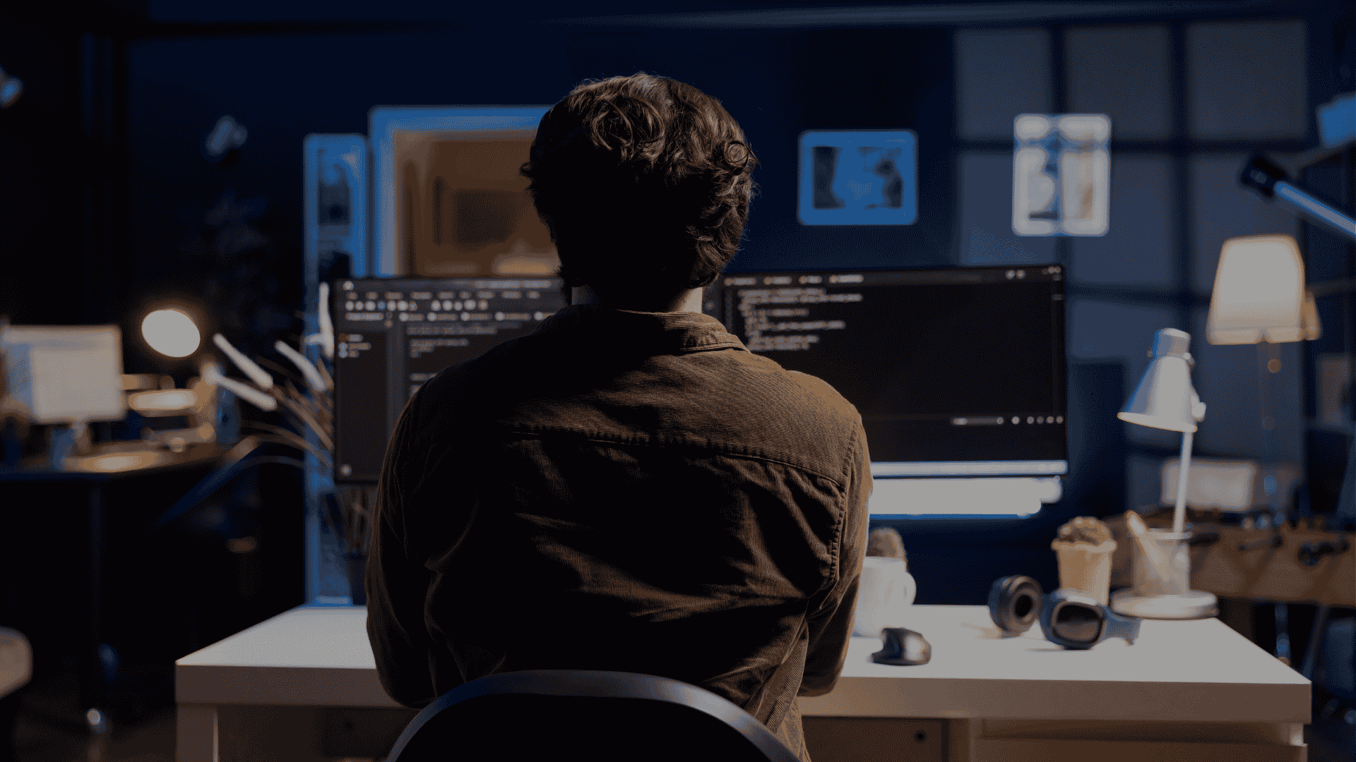 Individual sitting at a desk working on dual computer monitors with code displayed