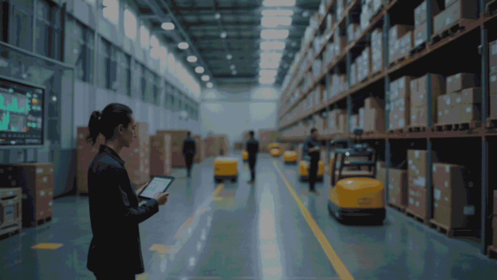 Warehouse scene with robots moving through aisles while a person monitors operations on a tablet.