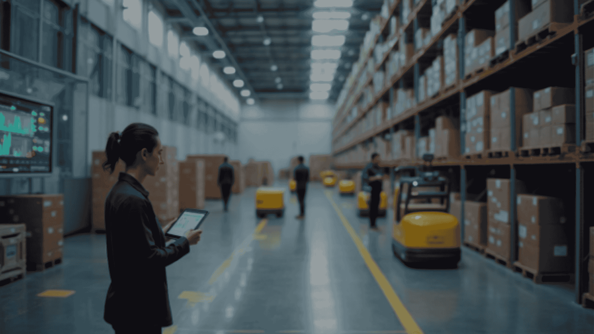 Warehouse scene with robots moving through aisles while a person monitors operations on a tablet.