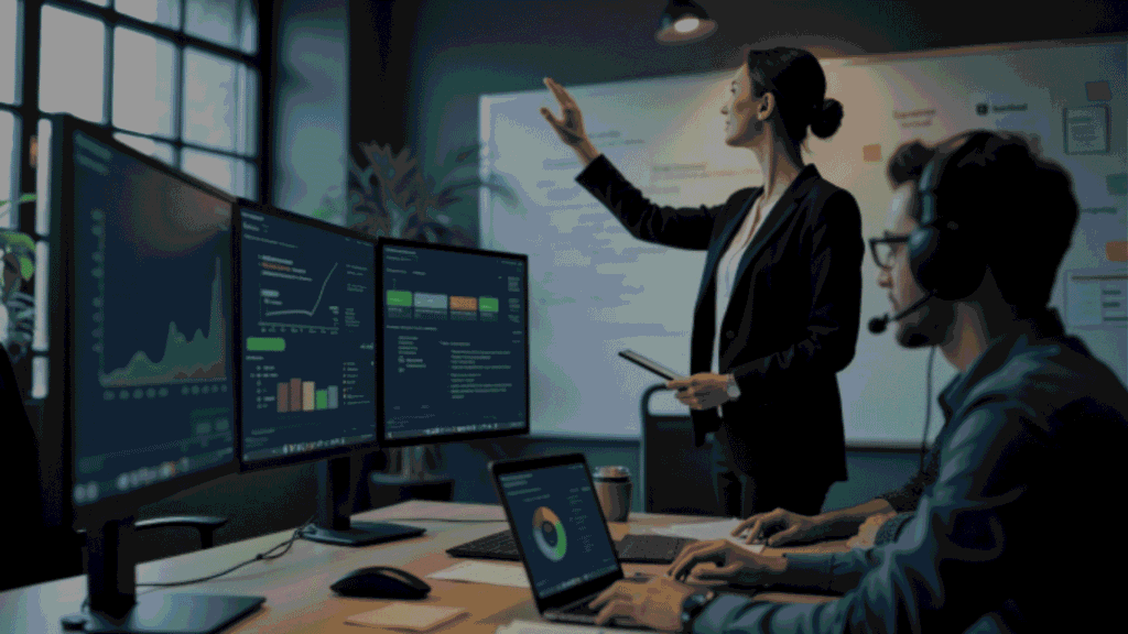 Office with multiple monitors displaying data analytics while a person gestures toward a screen.