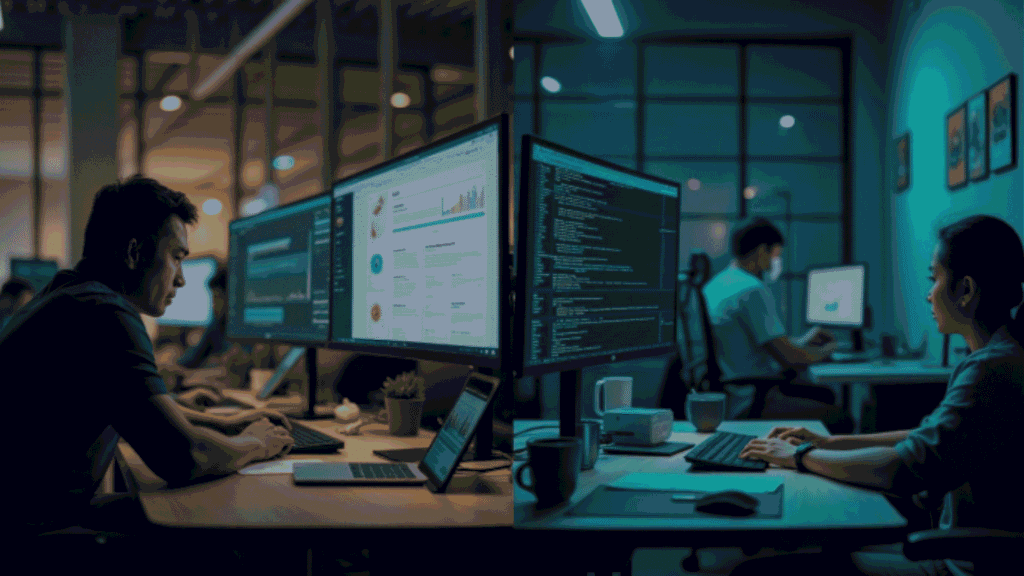 Split-screen image: one with monitors displaying data dashboards, and the other with monitors showing code