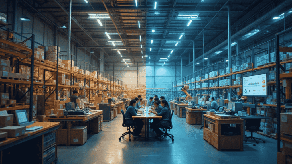 warehouse scene where multiple employees are gathered together for decision making