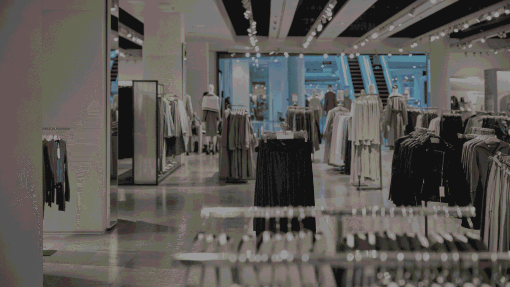 Modern clothing store with racks of dresses, tops, and various garments arranged.