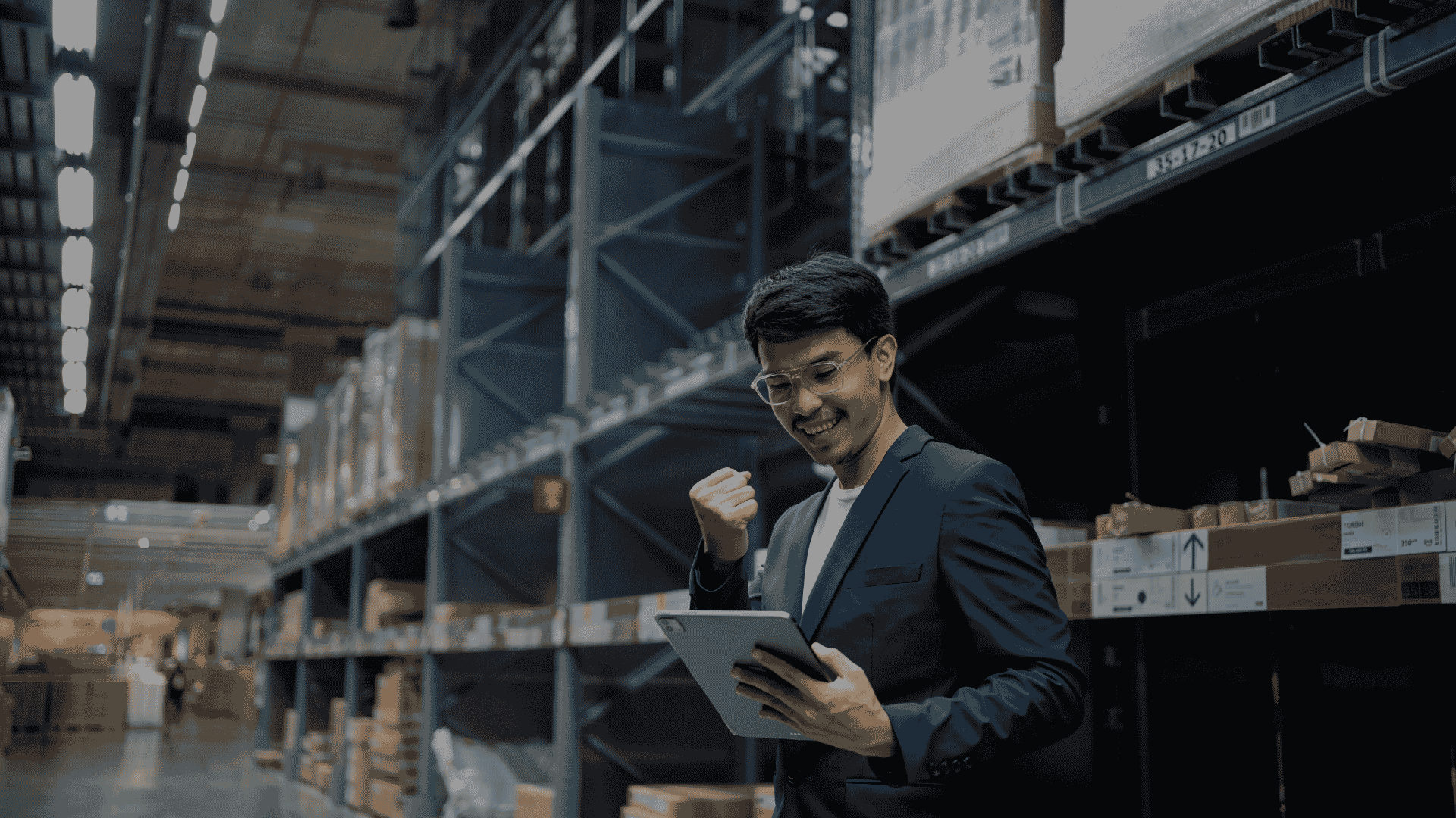 A warehouse manager in a blue blazer smiling and celebrating while reviewing data