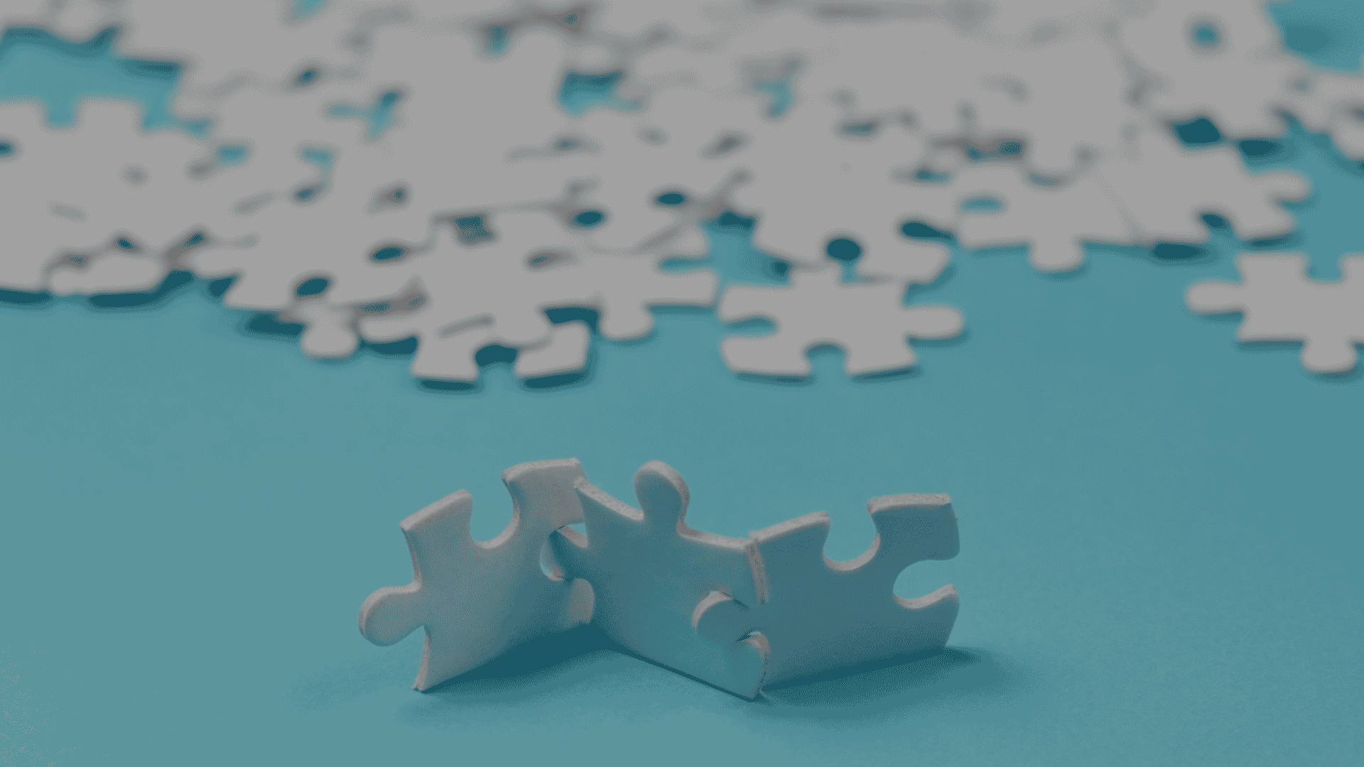 Two white jigsaw puzzle pieces connected upright on a blue background, representing modular OMS integration