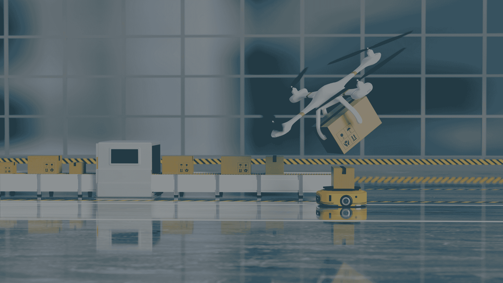 image of a drone carrying a cardboard box above an automated conveyor belt and robot in a warehouse