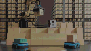 Intelligent systems moving packages, depicting the impact of AI in Order Management