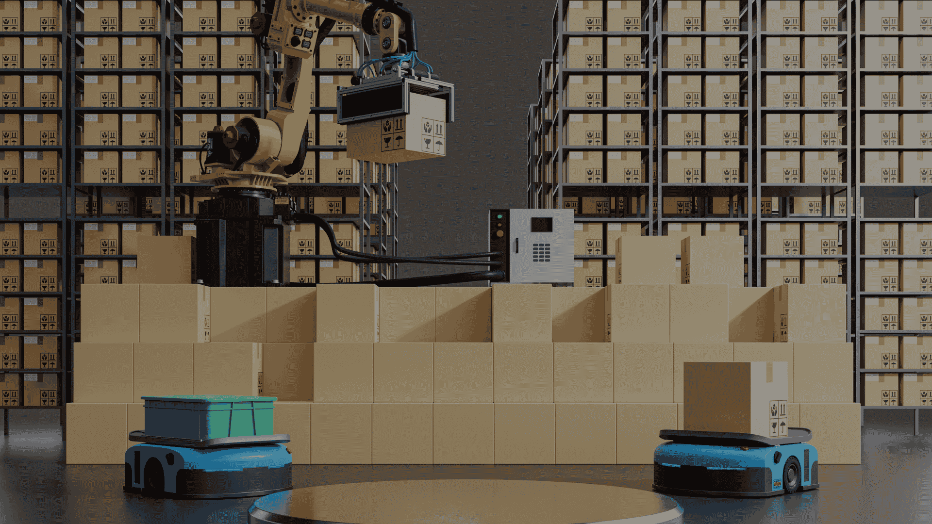 Intelligent systems moving packages, depicting the impact of AI in Order Management