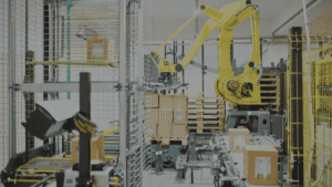 packed cardboard boxes being moved across a conveyor belt seamlessly