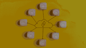 Central cloud icon connected by arrows to seven surrounding cloud nodes, illustrating cloud-based data distribution