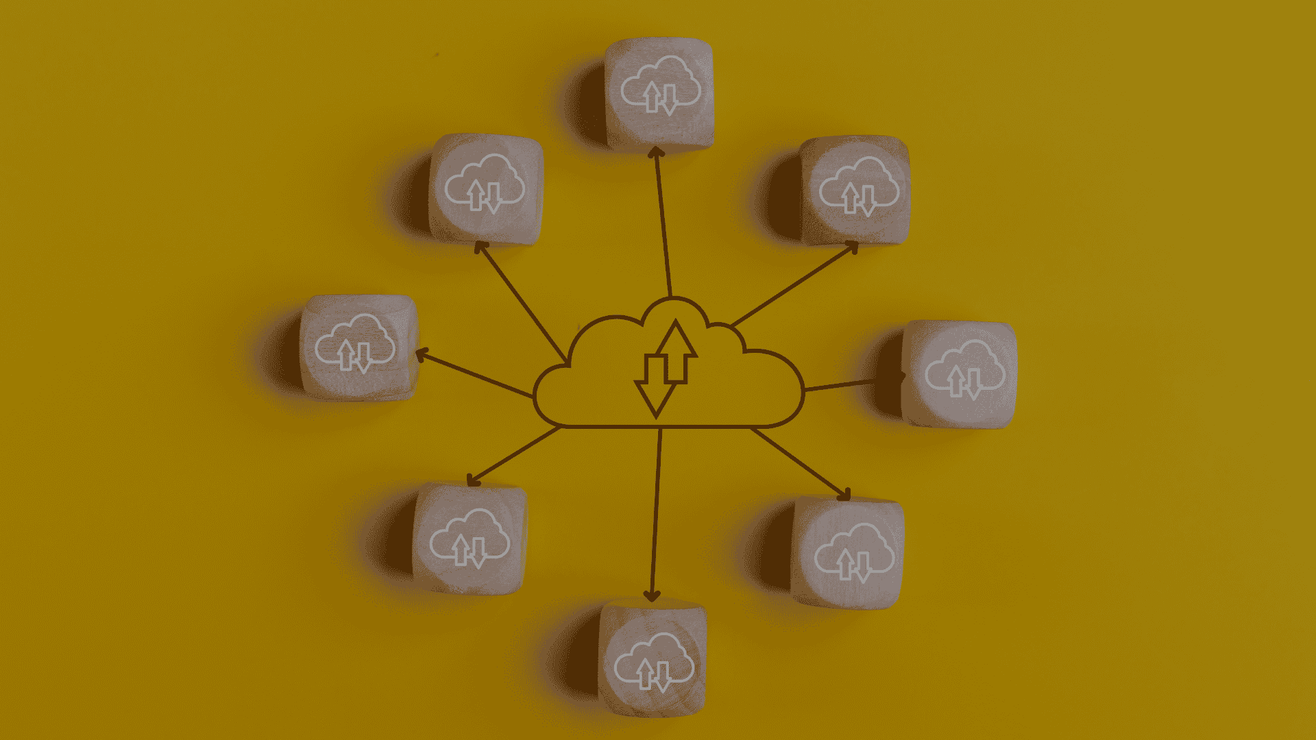 Central cloud icon connected by arrows to seven surrounding cloud nodes, illustrating cloud-based data distribution