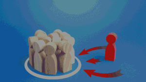 A red wooden figure stands apart from a group of natural wood figures enclosed in a circle, with red arrows pointing toward the group