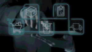 Businessperson holding a tablet with glowing e-commerce and logistics icons