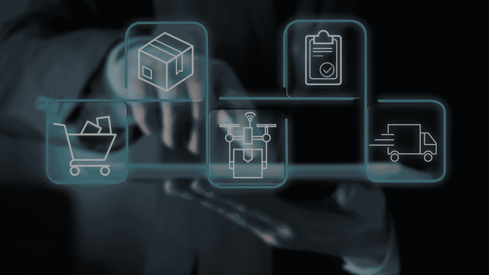 Businessperson holding a tablet with glowing e-commerce and logistics icons