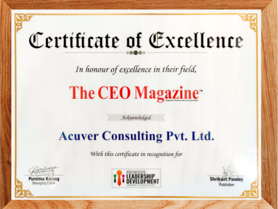 Image depicts Acuver's Certificate of Excellence by CEO Magazine