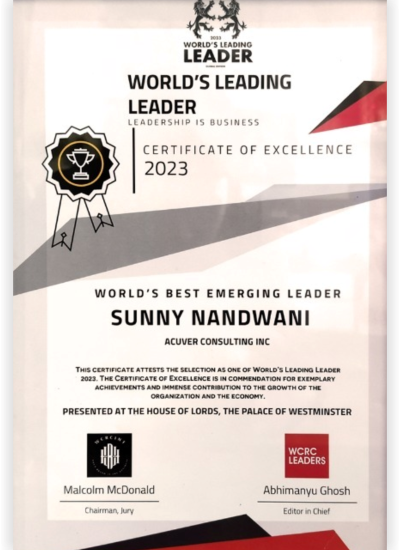 Image depicts Acuver's Leadership's certificate for World's Best Emerging Leader